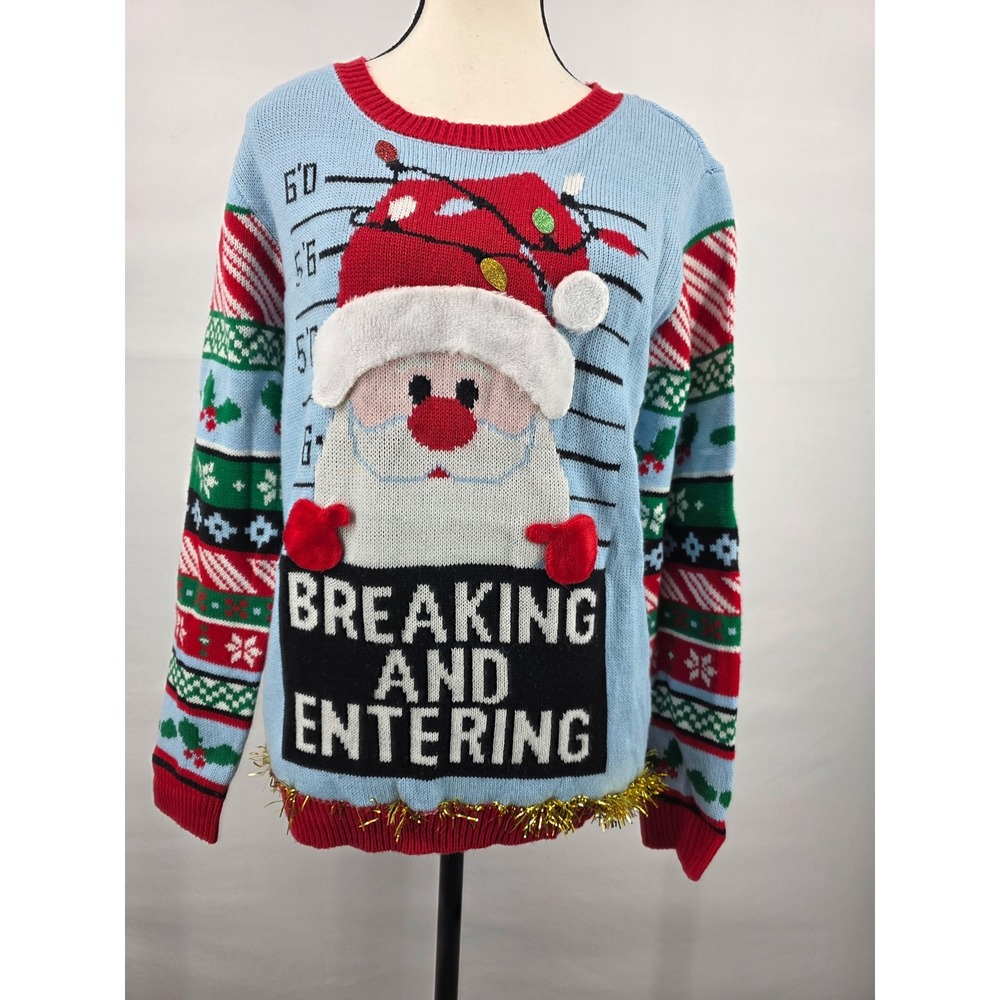 No Boundaries Breaking and Entering Santa Ugly Christmas Sweater Blue Large
